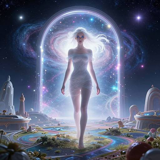 Digital artwork of a glowing, ethereal woman in a white dress, standing in a cosmic, starry landscape with glowing archways and ancient ruins.