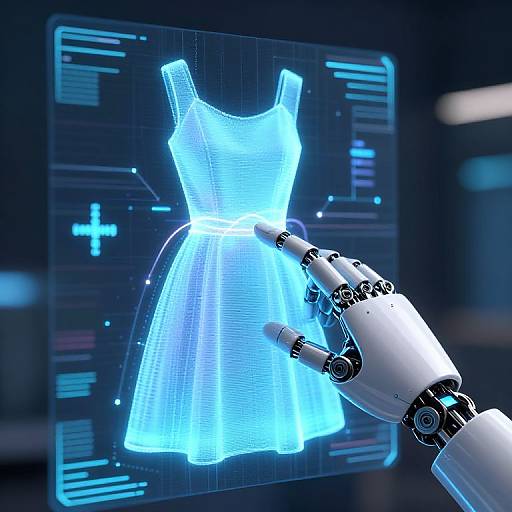 Digital CGI of a glowing blue, wireframe dress displayed on a futuristic holographic screen, touched by a robotic hand.