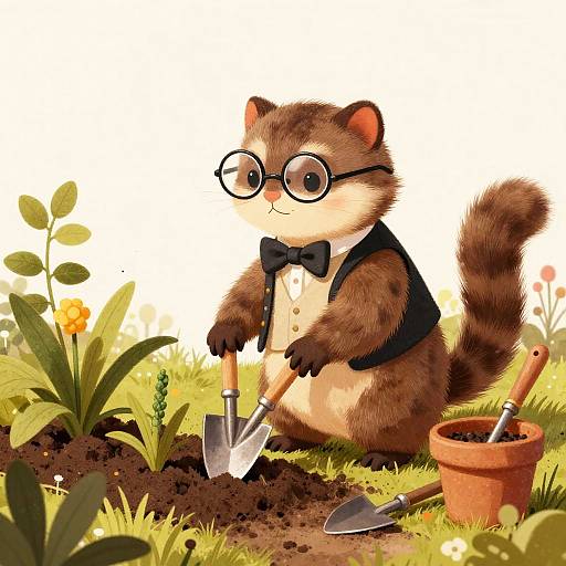 Victorian Weasel Gardening Illustration