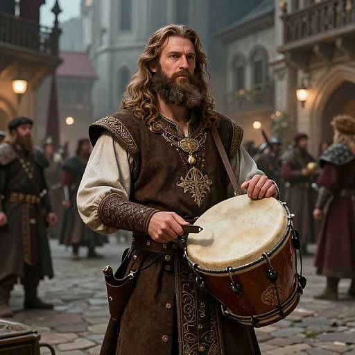 Photograph of a medieval warrior with long brown hair and beard, wearing ornate brown tunic, playing a drum in a cobblestone street with