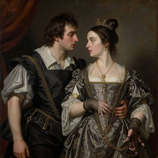 Renaissance-style painting of a dark-haired man in black vest and white shirt, gazing at a fair-skinned woman in ornate grey dress