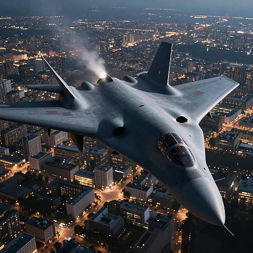 Stealth Bomber Flying Over City at Night