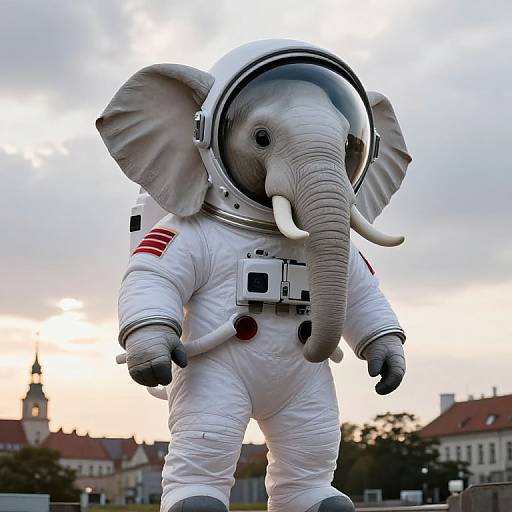 Photograph of a baby elephant in a white astronaut suit with a clear helmet, standing outdoors at sunset, with buildings and trees in the background.
