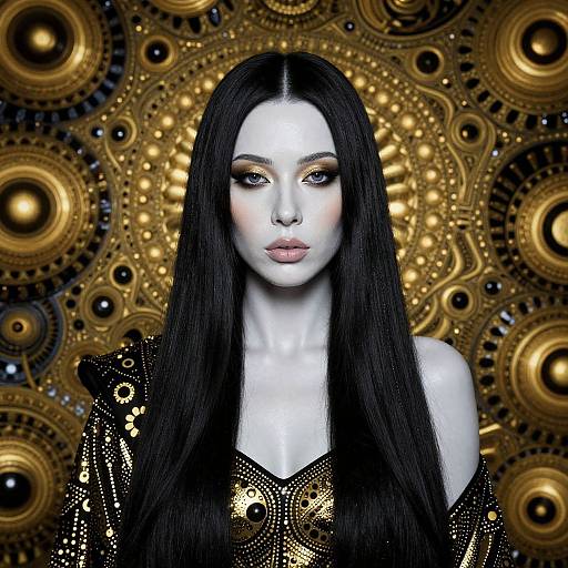 Digital artwork of a pale-skinned woman with long black hair, wearing a black and gold patterned top, against a detailed, golden, circular background