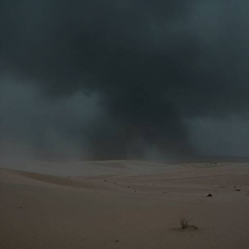Photograph of a desolate desert landscape at night, with dark, ominous clouds looming overhead, casting a shadow over the sandy dunes.