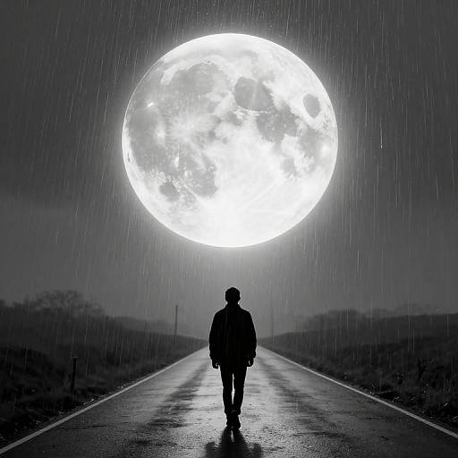 Silhouetted figure walks down wet, rain-filled road under massive, luminous full moon in black-and-white photograph.
