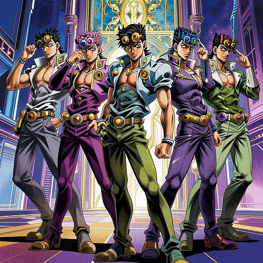 Digital anime artwork of five muscular, confident men in various unbuttoned, colored jackets, standing in a grand, illuminated hallway.