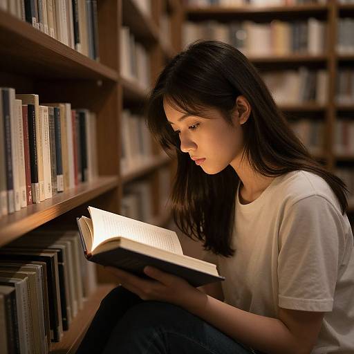 Photograph of a young woman with straight black hair, wearing a white t-shirt, sitting on the floor in a library, reading a book with soft