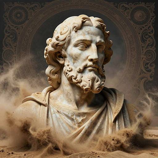 Photorealistic digital image of a classical marble bust of a bearded, wavy-haired male figure with a halo, surrounded by swirling dust.