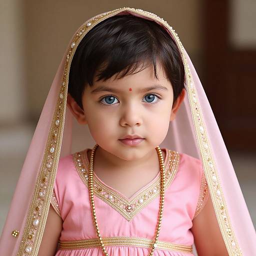 Photograph of a young Indian girl with blue eyes, wearing a pink traditional dress and gold-embellished veil, with a red bindi on