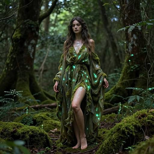 Photograph of a mysterious woman in a glowing, moss-covered forest dress, standing barefoot among glowing green lights, surrounded by dense, dark greenery