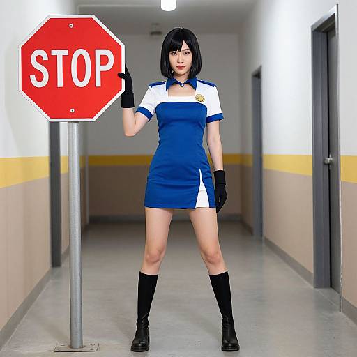 Photograph of an Asian woman in a blue and white police uniform, black gloves, and boots, standing in a hallway holding a red stop sign.