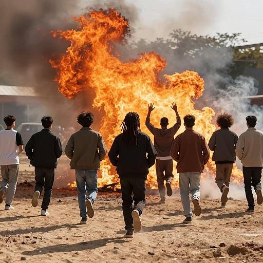 Group of Men Running Near Large Fire