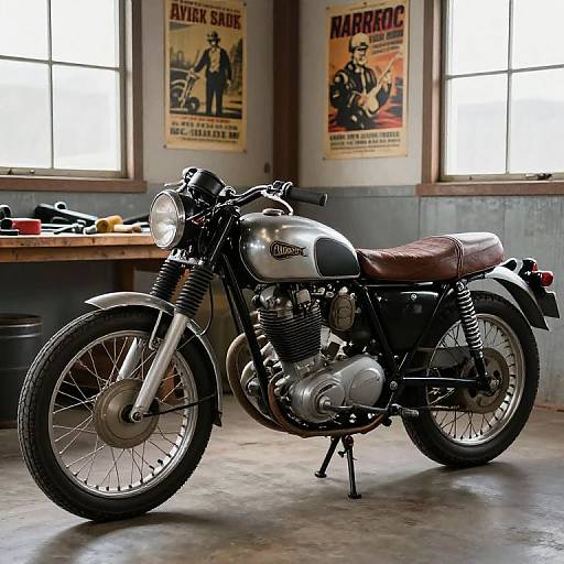 Photograph of a vintage Indian motorcycle with a brown leather seat in a rustic garage, featuring 