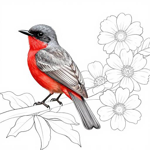 Digital illustration of a vibrant red and gray American redstart bird perched on a branch with black and white outlined flowers.