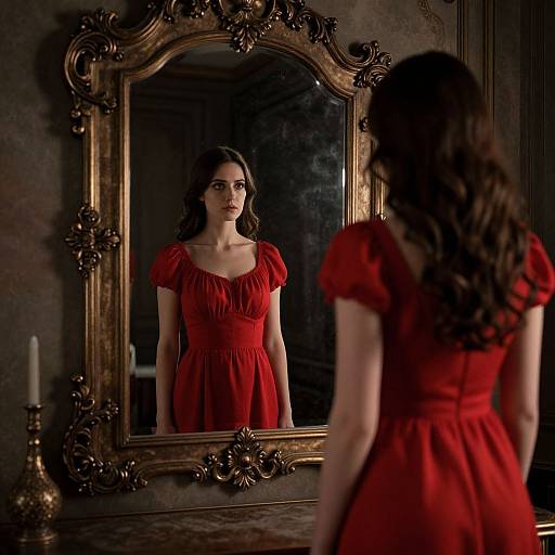 Photograph of a young woman with long brown hair, wearing a red dress, standing before an ornate gold-framed mirror, reflecting her serious expression