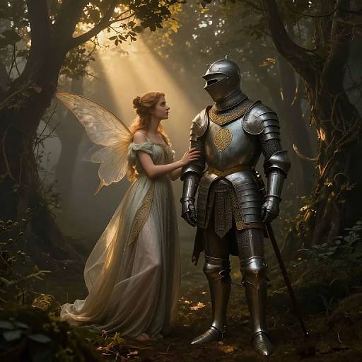 Digital artwork of a fairy in a flowing, light-green gown, with translucent wings, gently touching the chest of an armored knight in a sunlit forest