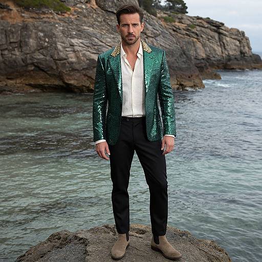 Photograph of a bearded man in a sequined green blazer, white shirt, black pants, and beige boots standing on a rocky shoreline.