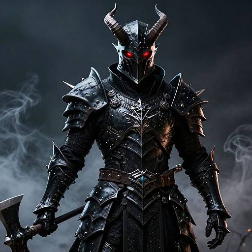 Digital artwork of a menacing, black-armored demon warrior with glowing red eyes, sharp horns, and a double-edged axe, standing amidst smoky