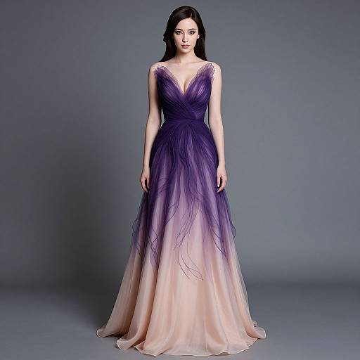 Photograph of a fair-skinned woman with long black hair wearing a sleeveless, deep V-neck, purple-to-pink ombre ball gown
