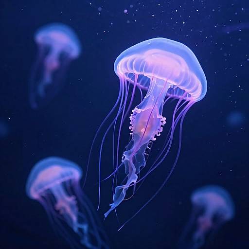 Photograph of glowing blue and purple jellyfish with translucent bodies and flowing tentacles in a dark, starry ocean background.