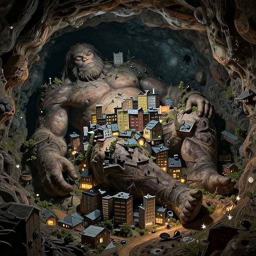 Digital artwork: A giant, muscular, bearded man with fur-covered skin sits in a dark cave, holding a glowing city with illuminated buildings, surrounded