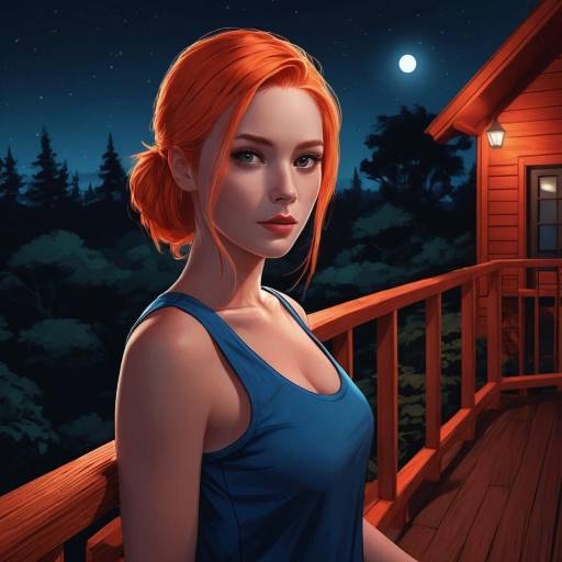 Redhead Woman on Cabin Porch at Night
