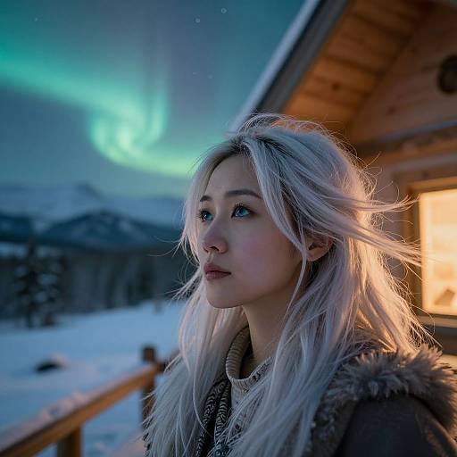 Photograph of a blonde woman with fair skin, wearing a fur-trimmed coat, gazing at the Northern Lights in a snowy, wooden cabin