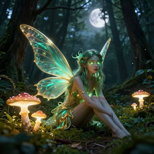Digital artwork: Glowing green-eyed fairy with translucent, bioluminescent wings, seated among luminescent mushrooms under a moonlit forest. Dark