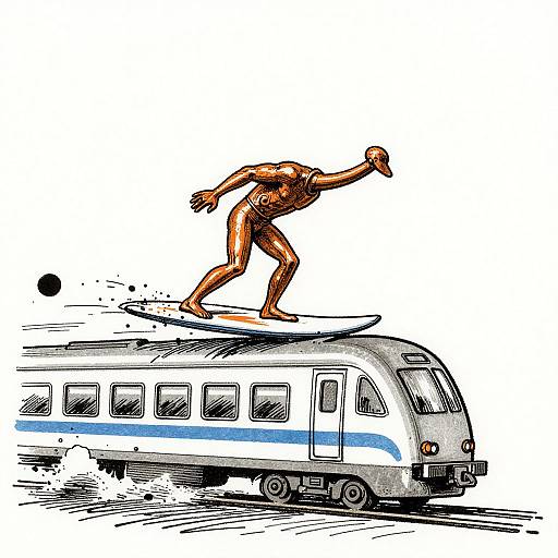Stylized digital drawing of a muscular, shirtless man surfing on top of a speeding blue-striped train car, with dynamic black ink lines and vibrant