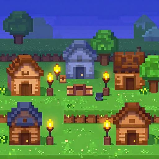 Pixel art of a night village scene with four wooden cottages, a blue stone house, and four lit torches on a grassy field.