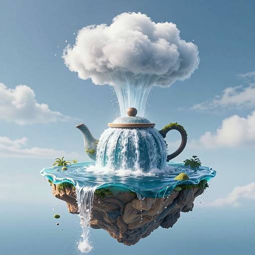 Digital artwork of a teapot floating on a rocky island in the sky, water overflowing from the spout, surrounded by small plants and clouds, with