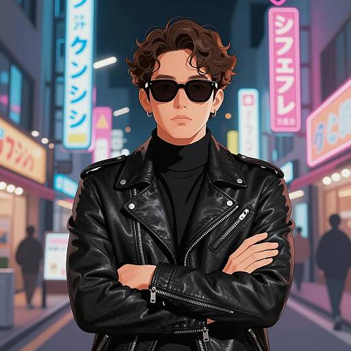 Stylish Man in Neon Japanese Street