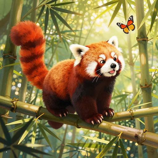 Cute red panda with fluffy tail and white facial markings, sitting on bamboo branch, playfully looking at orange butterfly in sunlit bamboo forest. Digital