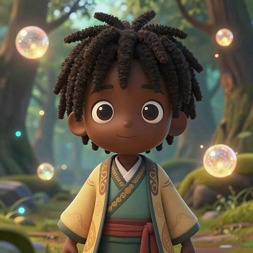 CGI image of a cute, dark-skinned child with large eyes, black dreadlocks, wearing a traditional green and beige kimono, surrounded by
