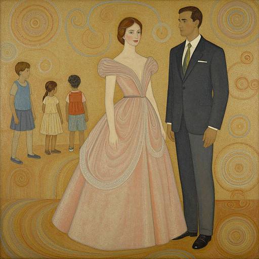 Art Deco-style painting: Elegant woman in pink ball gown and man in dark suit stand facing each other, with three children in the background. Vibr