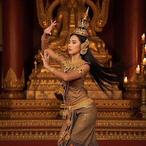 Photograph of an Asian woman in elaborate golden Thai dance attire, adorned with jewelry and a crown, performing in an ornate, gold-hued temple