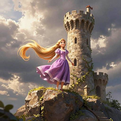 Digital illustration of a smiling, long-haired blonde girl in a flowing lavender dress standing on a rocky peak beside a tall, stone castle with a weathered