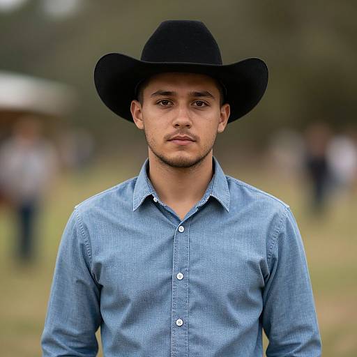 Photograph of a young man with medium brown skin, wearing a black cowboy hat and blue button-up shirt, standing outdoors with a blurred background of people
