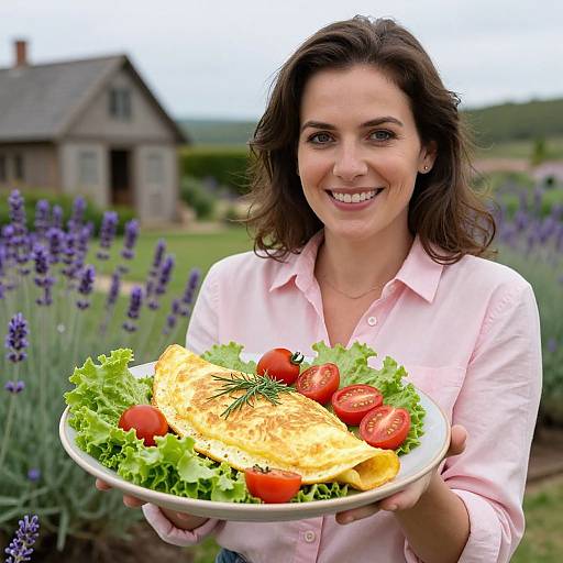 Smiling woman with brown hair in pink shirt holds plate of omelette, cherry tomatoes, and lettuce in lavender garden.