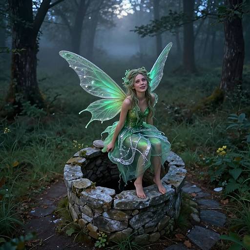 Photograph of a young fairy girl with glowing green wings and dress, seated on a moss-covered stone pedestal in a misty forest.