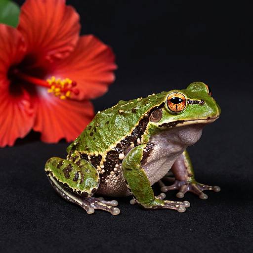 Moss-Green Frog with Scarlet Hibiscus