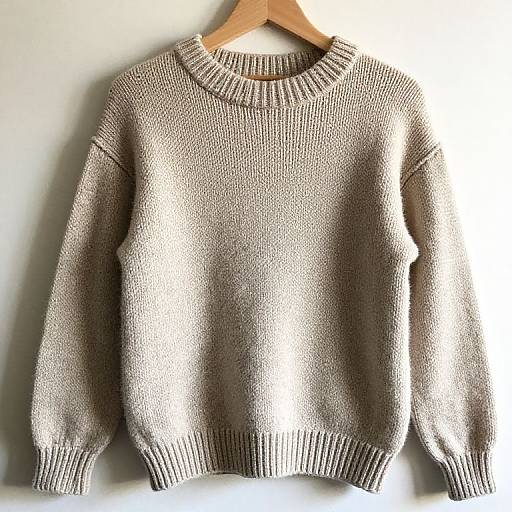 Photograph of a beige, textured knit sweater with ribbed cuffs and neckline, hanging on a wooden hanger against a light gray wall.