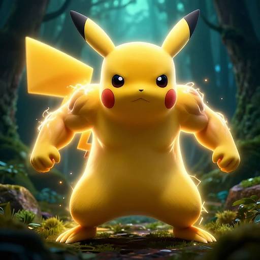 Digital artwork of Pikachu, electrically glowing, standing in a dark, mystical forest with beams of light filtering through the trees.