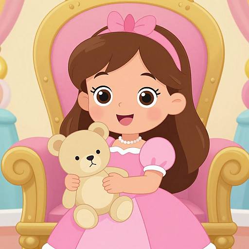 Cartoon-style drawing of a cute young girl with brown hair and large eyes, wearing a pink dress and headband, sitting on a golden throne,