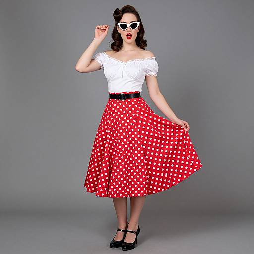 Photograph of a fair-skinned woman with dark hair, wearing white off-shoulder top, red polka-dot skirt, black belt, black