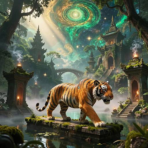 Jeweled Tiger in Mystical Rainforest Ruins