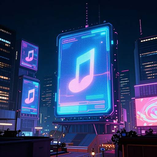 Neon-lit cityscape at night with vibrant blue and pink digital billboards displaying music notes, surrounded by skyscrapers and urban lights.