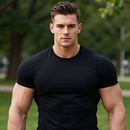 Photograph of a muscular, fair-skinned man with short brown hair, wearing a tight black t-shirt, standing outdoors in a grassy park.