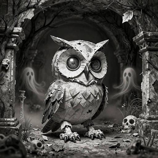 Digital drawing of a giant, stylized owl with enormous eyes, standing in a dark, eerie, crumbling archway surrounded by skulls and ghostly figures